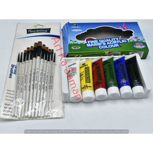 Deal No 3 Maries Acrylic Paints and Flat Painting Brush Set